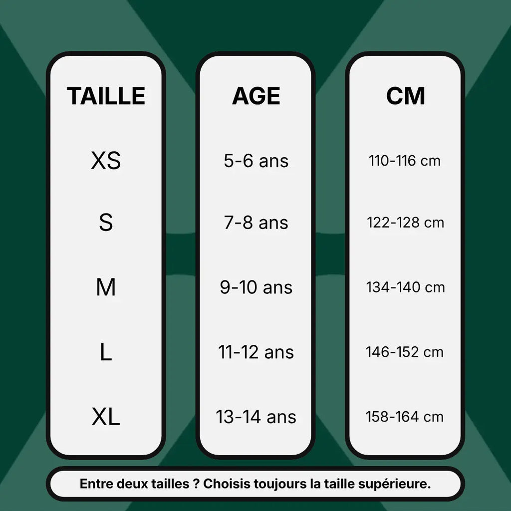 Guide des tailles vêtements enfants : tableau de correspondances XS à XL (5-14 ans, 110-164 cm) et conseils d'ajustement.