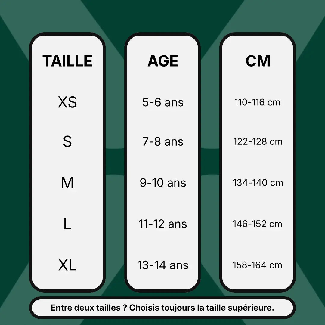 Guide des tailles vêtements enfants : tableau de correspondances XS à XL (5-14 ans, 110-164 cm) et conseils d'ajustement.