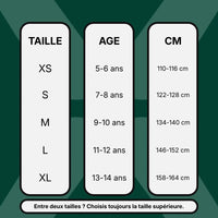 Guide des tailles vêtements enfants : tableau de correspondances XS à XL (5-14 ans, 110-164 cm) et conseils d'ajustement.