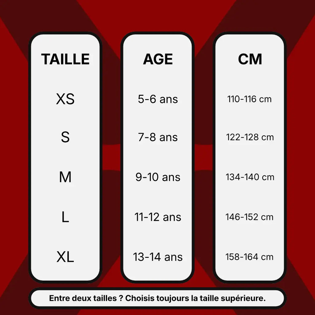Guide des tailles vêtements enfants : tableau de correspondances XS à XL (5-14 ans, 110-164 cm) et conseils d'ajustement.