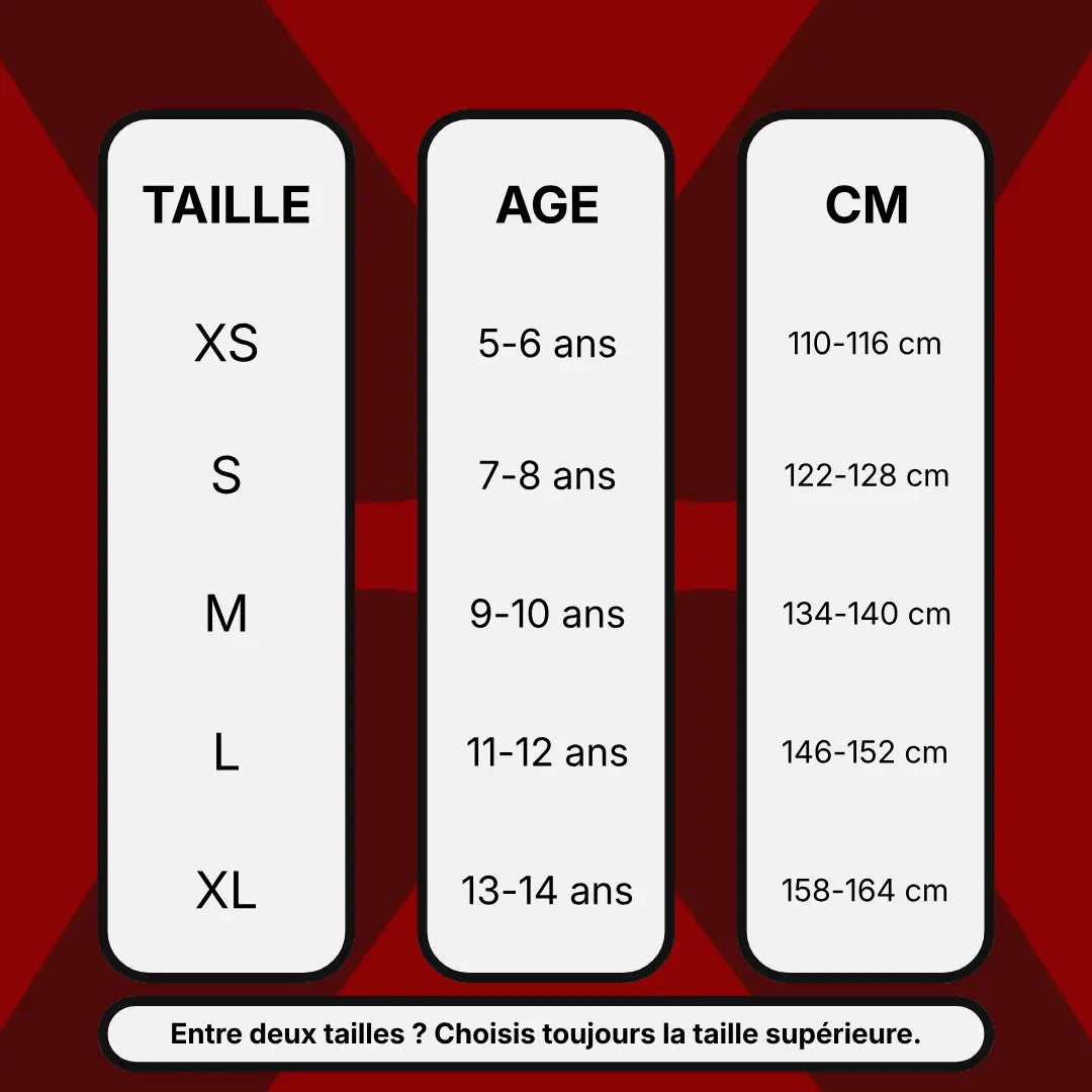 Guide des tailles vêtements enfants : tableau de correspondances XS à XL (5-14 ans, 110-164 cm) et conseils d'ajustement.