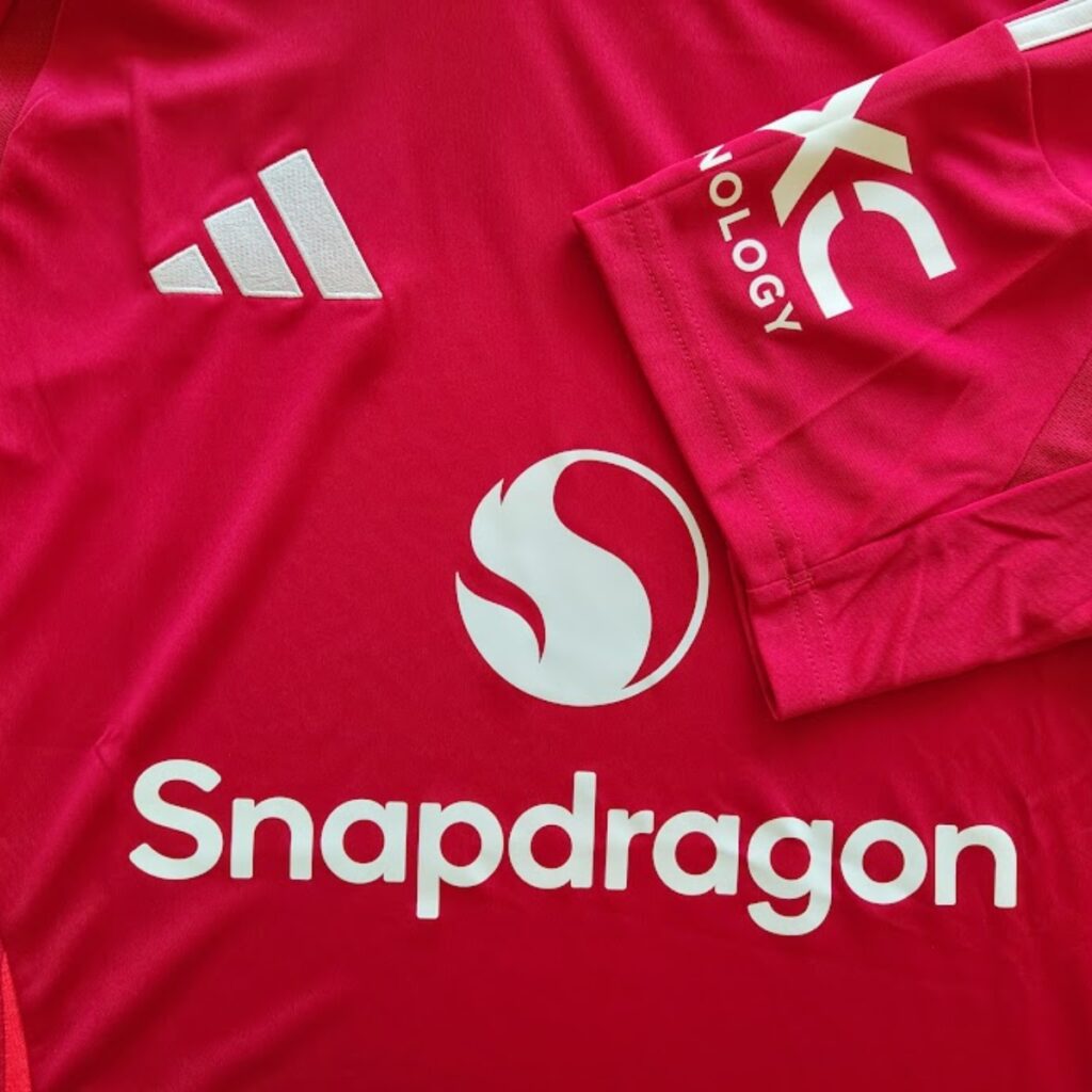 Zoom sur la marque, la manche et le flocage du maillot.