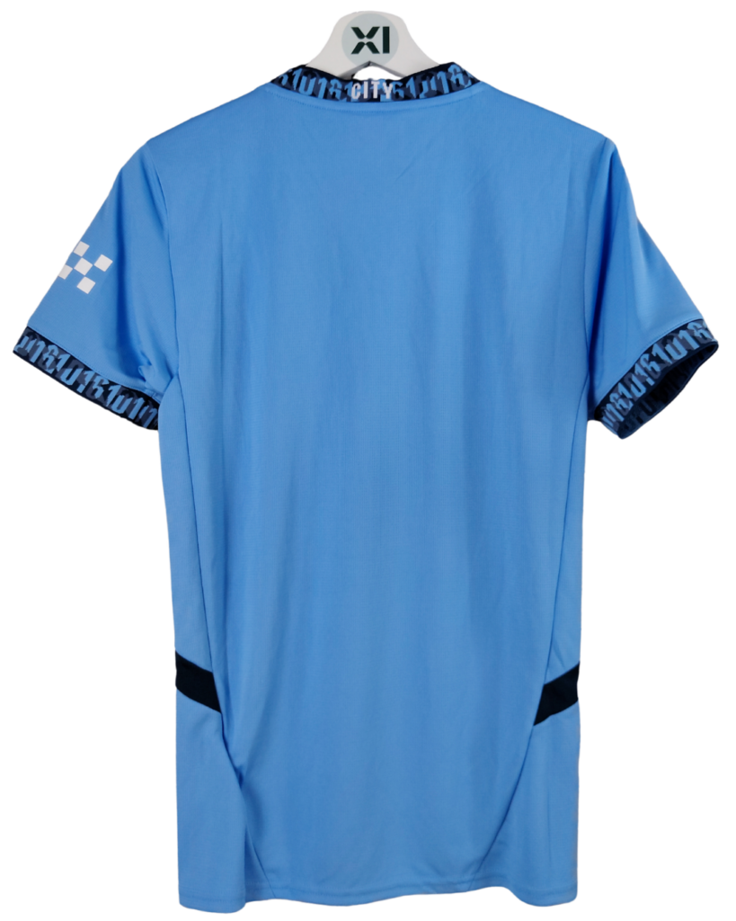 Blue sports jersey hanging on a white hanger, back view, with dark patterned trim at collar and sleeve cuffs.