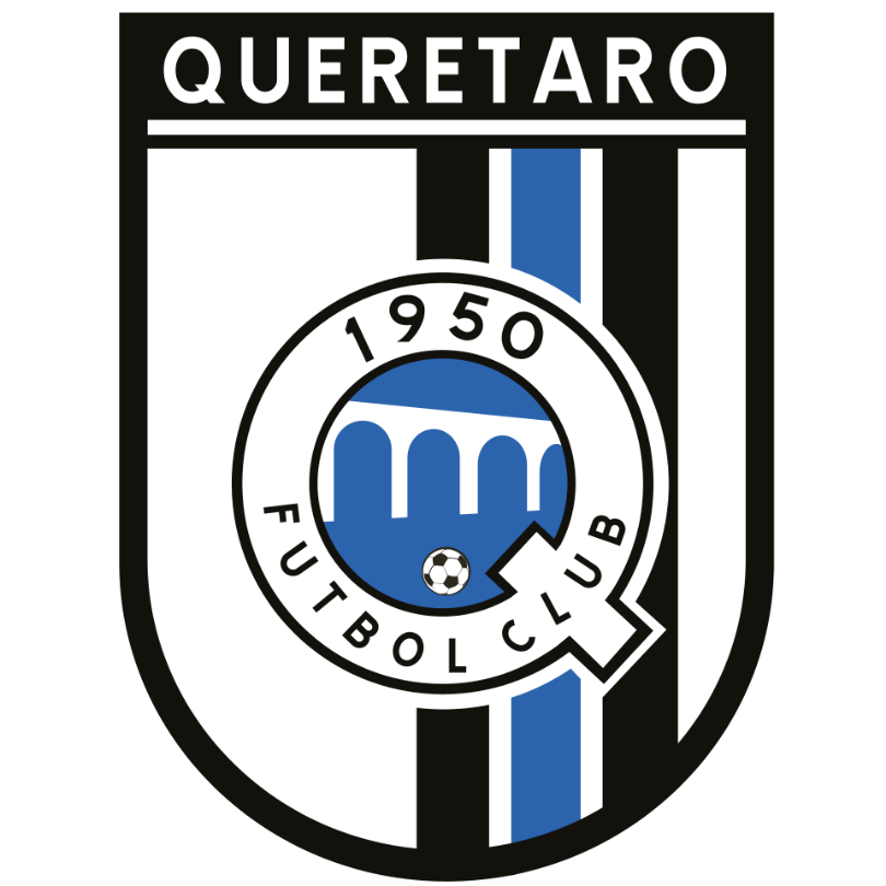 Queretaro Football Club crest on a black shield with a blue circular emblem featuring a blue hand and a small soccer ball.