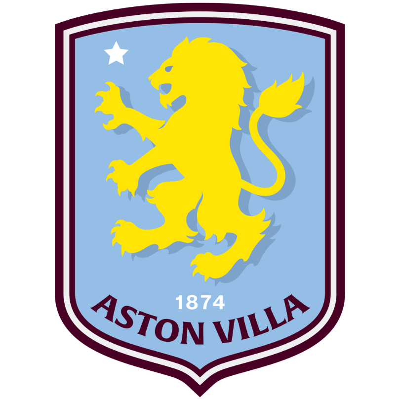 Logo du club de football Aston Villa, présentant un lion jaune rampant sur un écusson bleu ciel avec une bordure bordeaux.