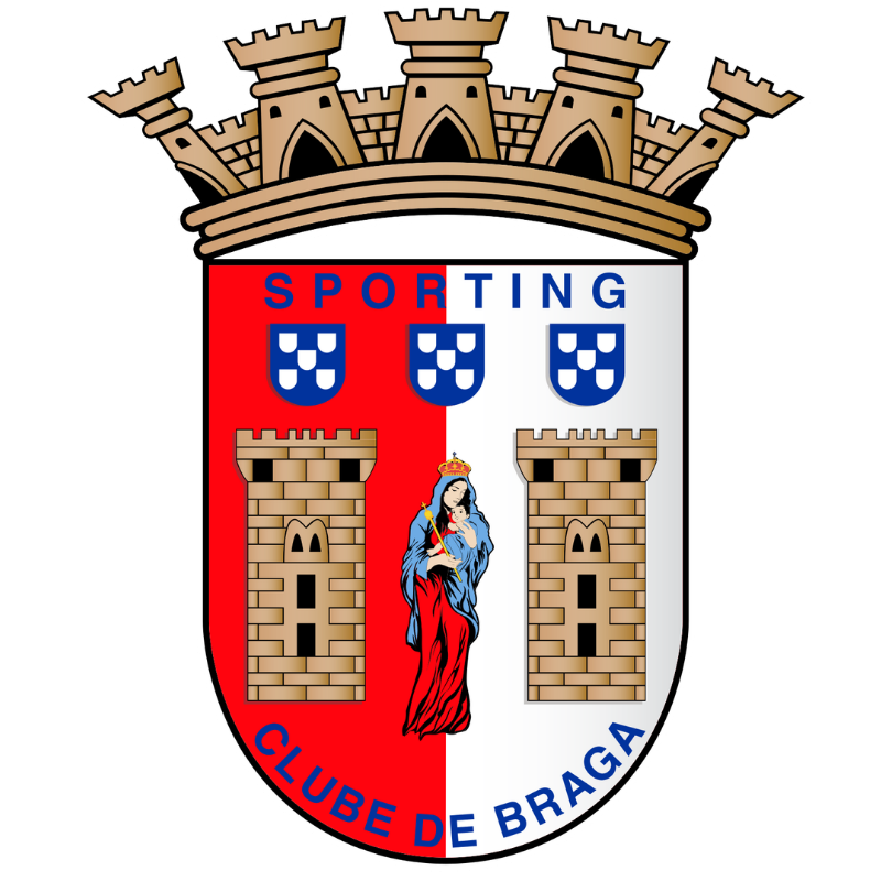 Logo du club de football Sporting Clube de Braga, présentant un écusson rouge et blanc avec la Vierge Marie et l'Enfant Jésus entre deux tours, le tout surmonté d'une couronne murale dorée.